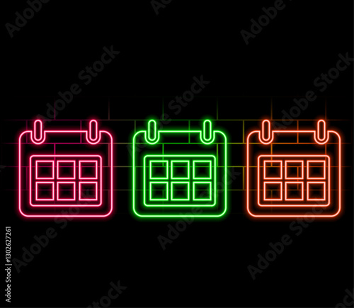 Glowing neon Calendar icon isolated on brick wall background. Event reminder symbol. Vector.2