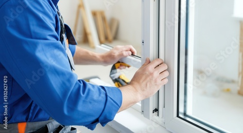Male technician installing white vinyl window frame indoors.