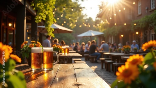 Beer Garden, Sun-drenched beer garden with rustic wooden tables colorful blooms dangling string lights lively people rich ambiance.