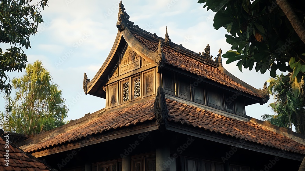 Obraz premium Intricate Wooden Roofline Of An Ancient Asian Temple