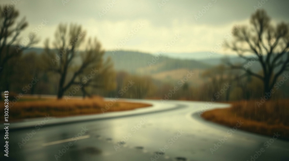 Fototapeta premium Abstract blur of a wet road surrounded by trees with a gloomy atmosphere, perfect for moody or introspective themes.
