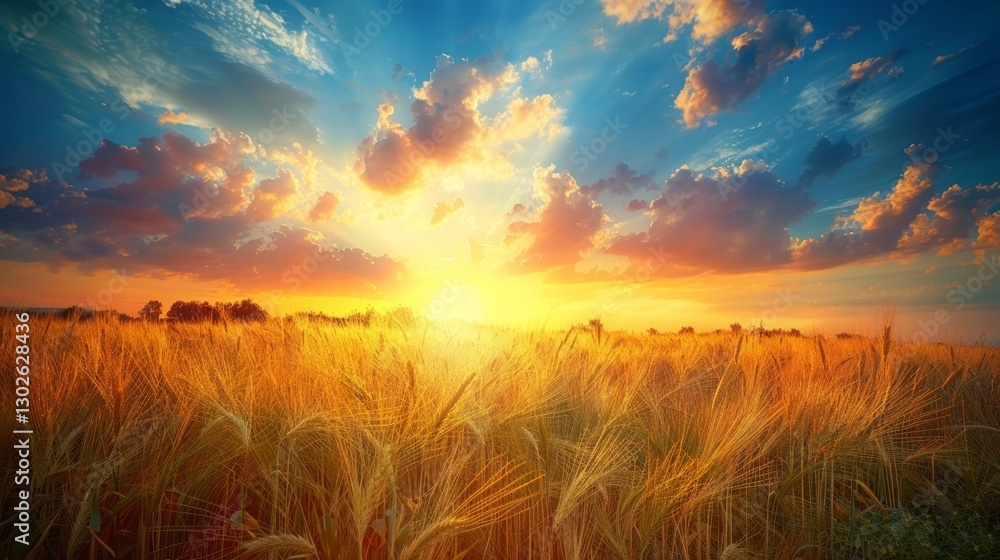 Breathtaking panoramic view of a beautiful crop field during a vibrant summer sunset landscape Breathtaking panoramic view of a beautiful crop field during a vibrant summer sunset landscape