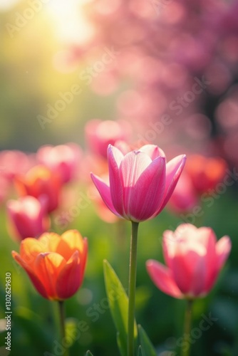 Blurred floral shapes, vibrant spring hues, bright bokeh, serenity, growth, spring design