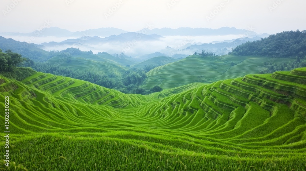 Lush Green Terraced Rice Fields Against Misty Mountain Range with Rolling Hills Lush Green Terraced Rice Fields Against Misty Mountain Range with Rolling Hills