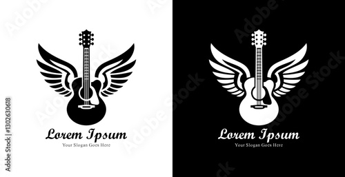 guitar shaped logo design with wings
