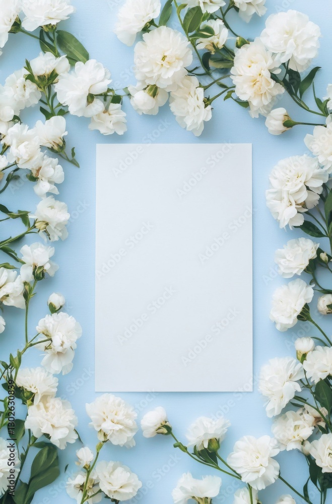 A white blank canvas surrounded by white flowers on a blue background A white blank canvas surrounded by white flowers on a blue background