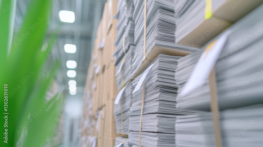 Obraz premium Stacks of documents in warehouse with soft focus and green plant in foreground