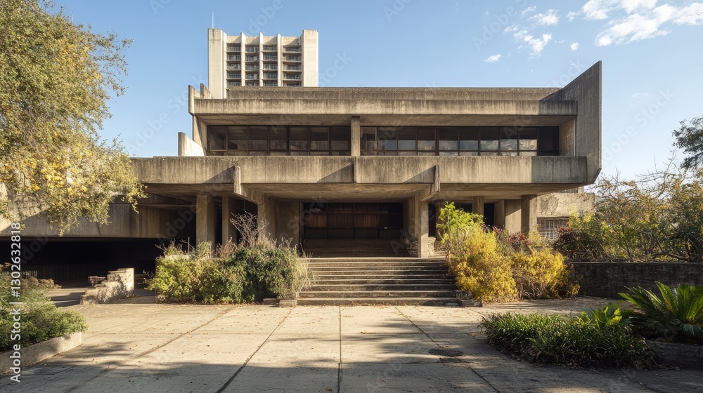 An iconic Brutalist structure in the heart of the city, with expansive concrete walls and minimal adornments, reflecting the architectural trends of the mid-20th century An iconic Brutalist structure in the heart of the city, with expansive concrete walls and minimal adornments, reflecting the architectural trends of the mid-20th century