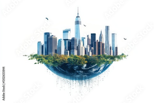 Floating Cityscape Over Earth with Lush Forest and Blue Ocean in Perfect Harmony