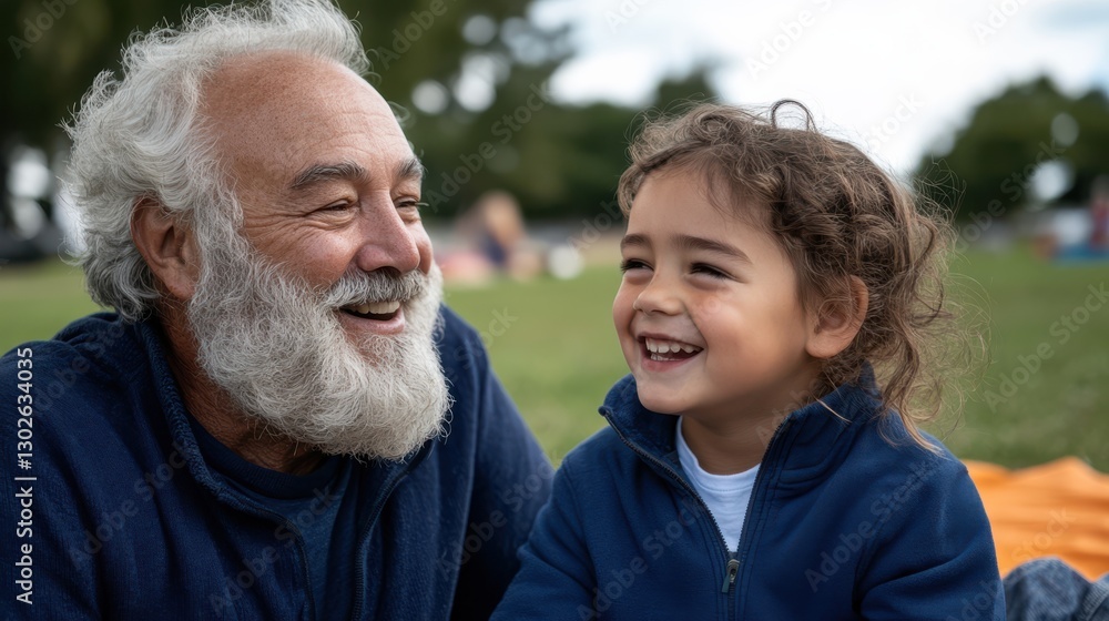 A joyful grandfather and child share a moment of laughter during a family picnic in the park, symbolizing love and connection across generations. A joyful grandfather and child share a moment of laughter during a family picnic in the park, symbolizing love and connection across generations.