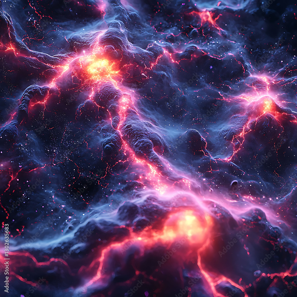Fototapeta premium Stunning abstract image of a fiery, celestial landscape. Intense red and blue hues create a dramatic, otherworldly scene perfect for science fiction, fantasy, or cosmicthemed designs.