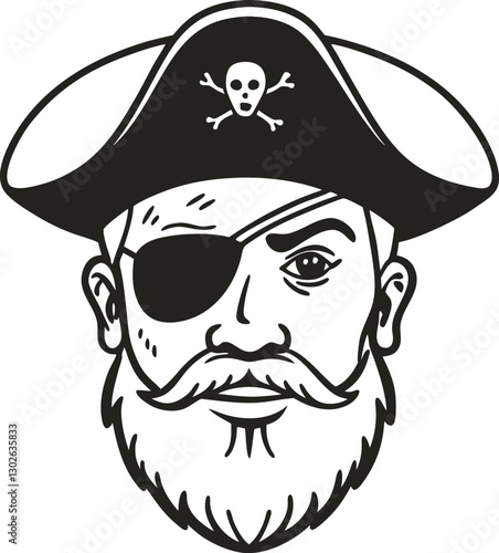 pirate portrait illustration with eye patch and captain hat, adventurous nautical theme