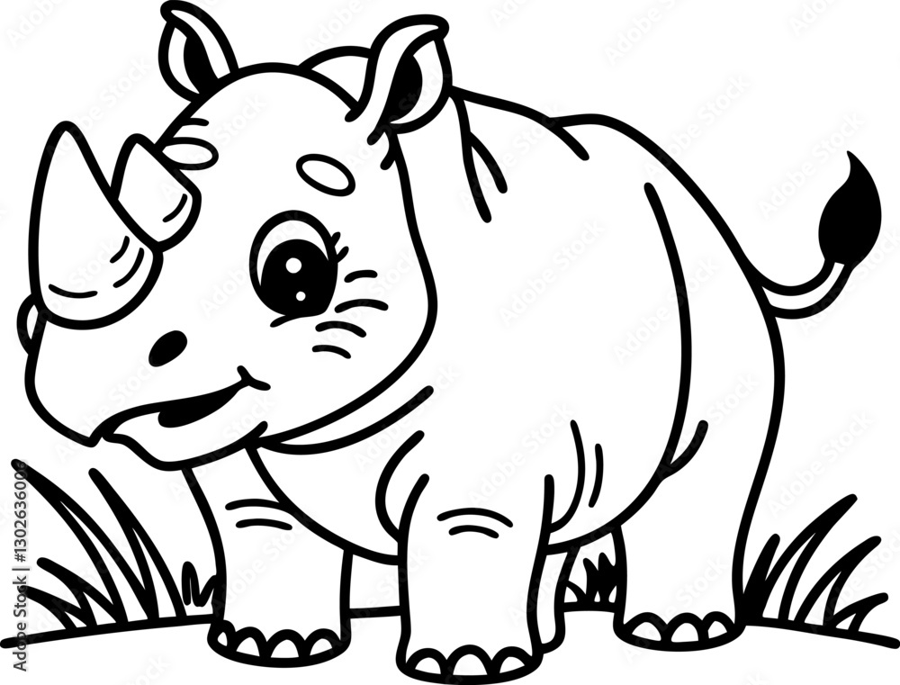 Cute rhinoceros illustration black and white line art with grass adorable animal design for coloring Cute rhinoceros illustration black and white line art with grass adorable animal design for coloring