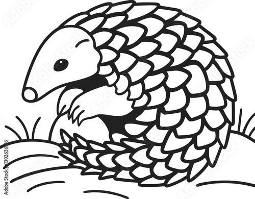 Pangolin curled up on the grass black and white line art illustration wildlife and nature conservation, endangered species awareness