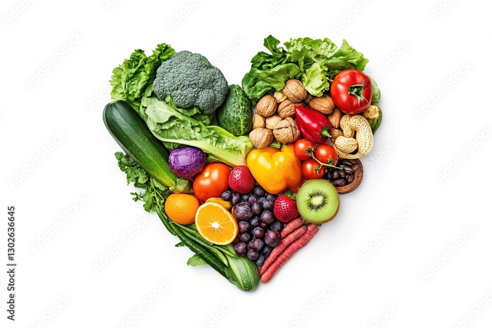 A vibrant arrangement of various fruits and vegetables shaped like a heart, symbolizing health and nourishment. A vibrant arrangement of various fruits and vegetables shaped like a heart, symbolizing health and nourishment.