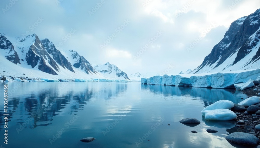 Fototapeta premium Calm arctic sea with a glacier-covered shoreline and surrounding mountains, mountainous terrain, snow covered terrain, rocky shores