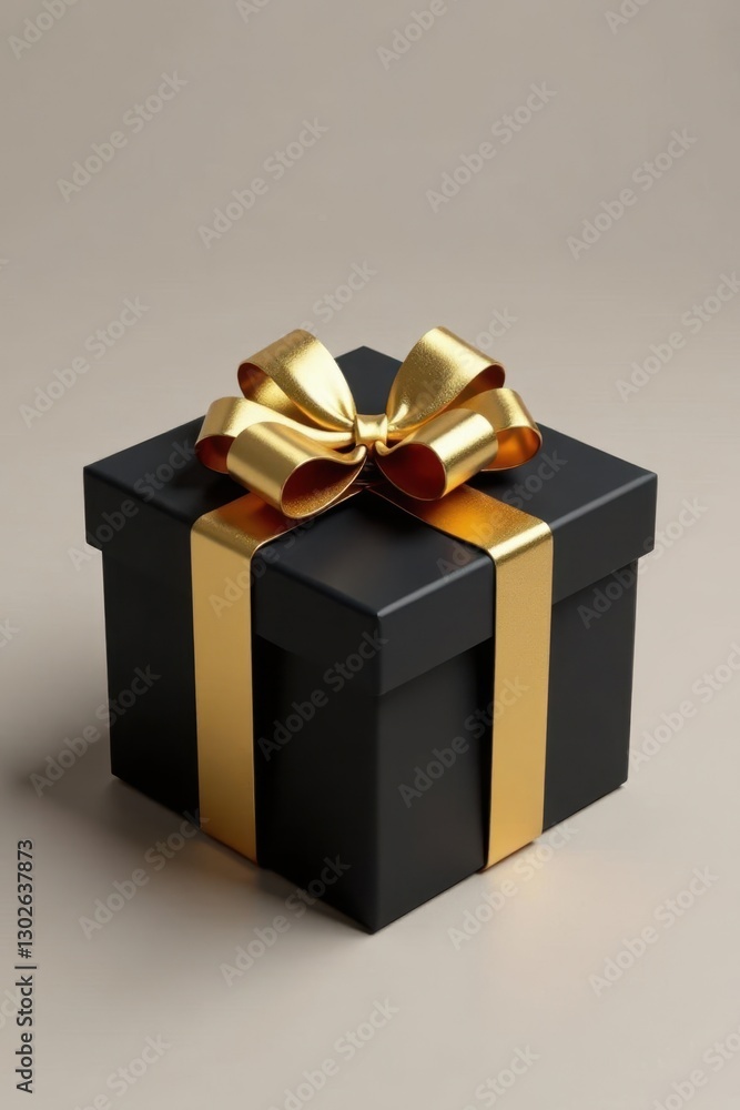 Gold bow on a black gift box wrapped in paper, gift present, fancy wrapping, gold bow Gold bow on a black gift box wrapped in paper, gift present, fancy wrapping, gold bow