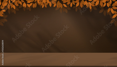 Autumn background scene with orange leaves on wall studio room with sunlight for thanksgiving,holiday banner.Natural seasonal for fall season product design