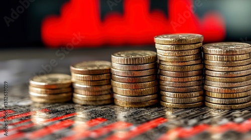 Stacks of coins in ascending height on patterned surface photo