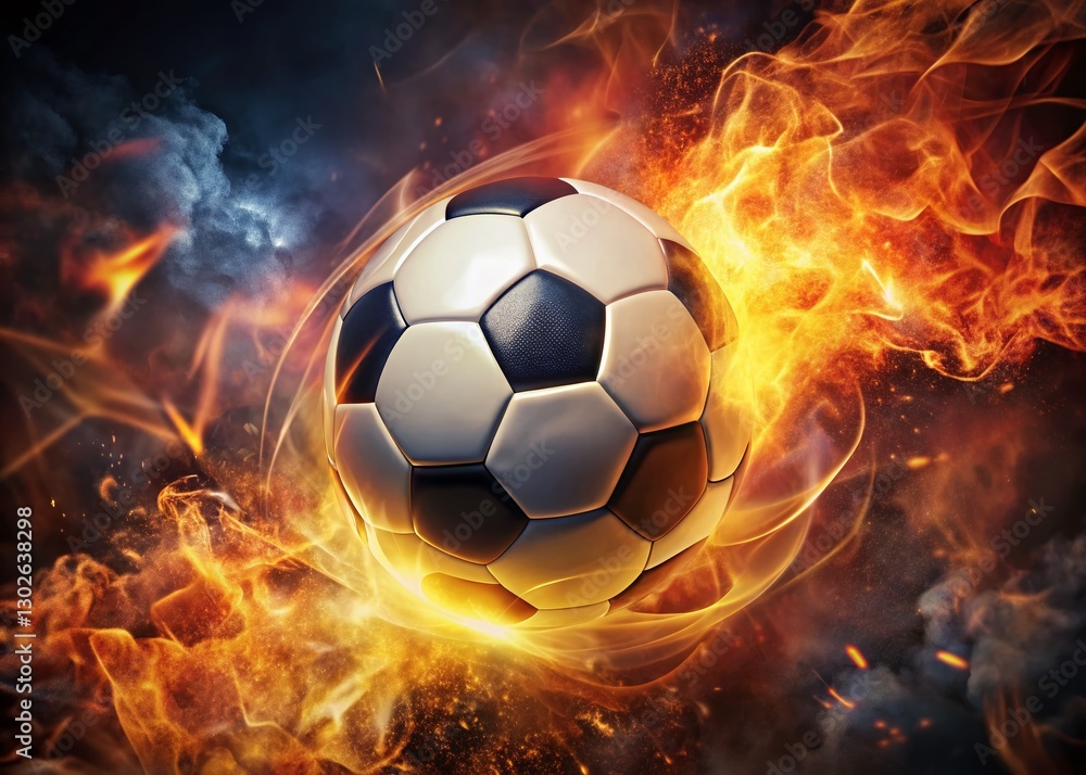 Fototapeta premium Fiery Soccer Ball: Low-Light Sports Wallpaper, Dramatic Night Football Image