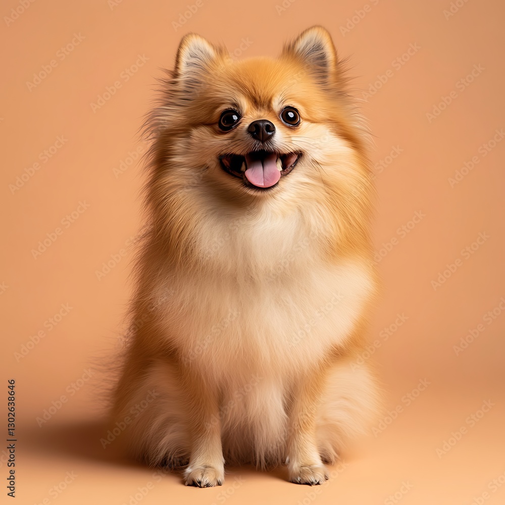 10.A fluffy Pomeranian dog sitting on a peach solid background, smiling joyfully, 10.A fluffy Pomeranian dog sitting on a peach solid background, smiling joyfully,
