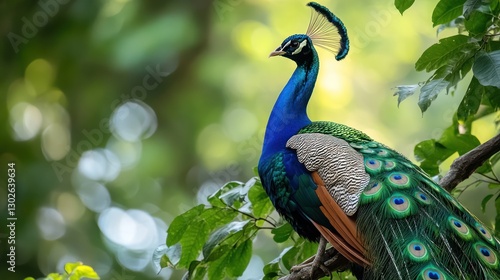 Wallpaper Mural Majestic peacock perched on a tree branch, showcasing vibrant plumage in a lush green forest. Torontodigital.ca