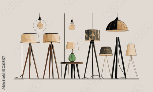Modern vector-style illustration of various stylish lamps including table lamps, floor lamps, and hanging pendant lights. The lamps have unique designs, including wooden tripods, easily editable. 