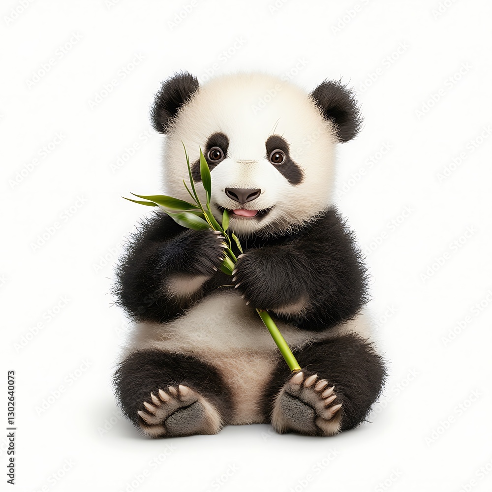 Fototapeta premium 19. A baby panda sitting on a white solid background, holding a bamboo shoot,