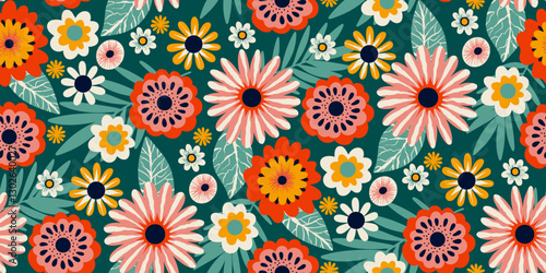Vibrant Floral Half Drop Pattern on a Deep Teal Background featuring Stylized Flowers in Pink, Red, Orange, Yellow, and White with Navy centers. Ideal for Textile Design, Wallpaper, or Packaging.