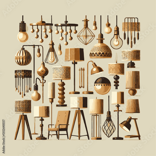 Modern vector-style illustration of various stylish lamps including table lamps, floor lamps, and hanging pendant lights. The lamps have unique designs, including wooden tripods, easily editable. 