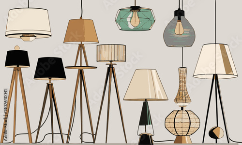 Modern vector-style illustration of various stylish lamps including table lamps, floor lamps, and hanging pendant lights. The lamps have unique designs, including wooden tripods, easily editable. 