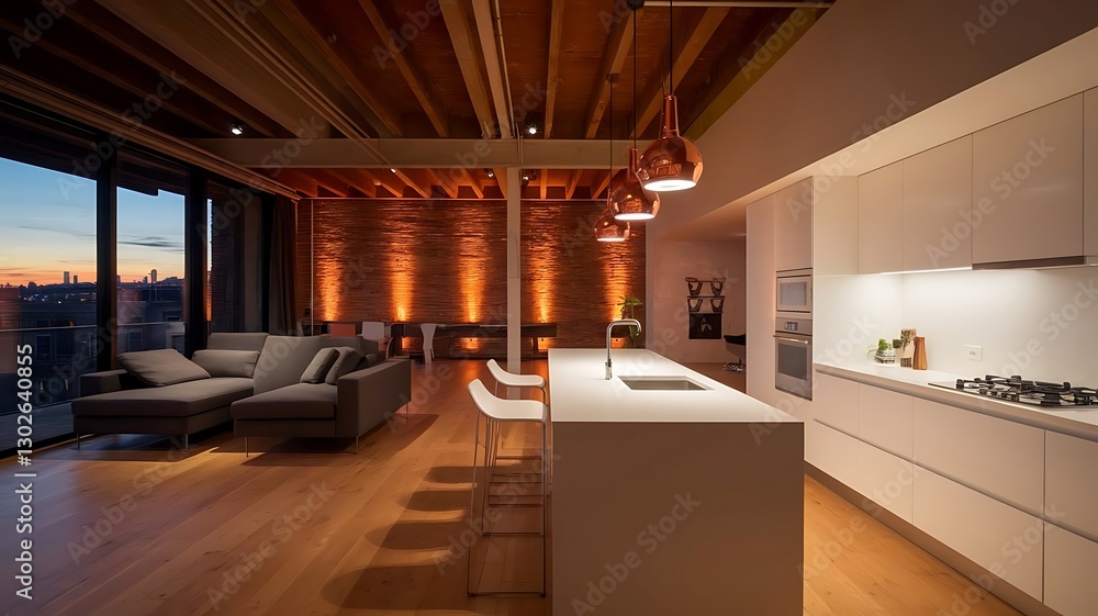 Fototapeta premium Modern loft with living room and kitchen