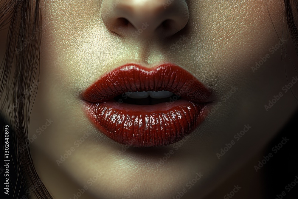 Naklejka premium Close-up view of luscious red lips showcasing glossy lipstick applied with precision in a dramatic lighting setup
