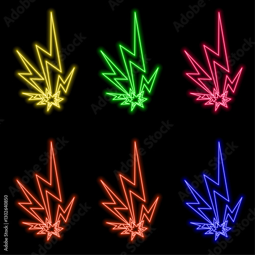 Lightnings, blue thunderbolts, electric strikes isolated on black background. Sparking discharges effect or magic neon light flares, vector cartoon illustration