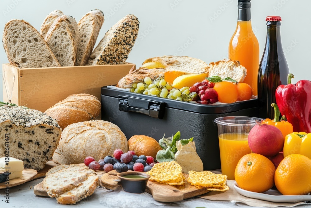 Fresh Breads, Colorful Fruits, and Juices on a Rustic Table with Stylish Presentation Fresh Breads, Colorful Fruits, and Juices on a Rustic Table with Stylish Presentation
