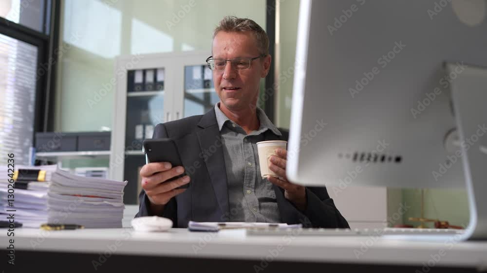 Mature businessman using a tablet, smartphone and computer to analysis graph company financial in office. Mature businessman using a tablet, smartphone and computer to analysis graph company financial in office.