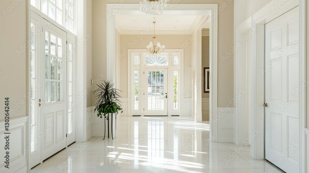 A bright house corridor with clean white walls, a chandelier, and doors leading to various rooms. A bright house corridor with clean white walls, a chandelier, and doors leading to various rooms.