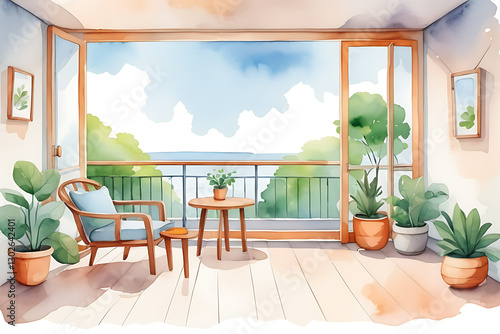 Watercolor Balcony with Ocean View Seating Area and Potted Plants