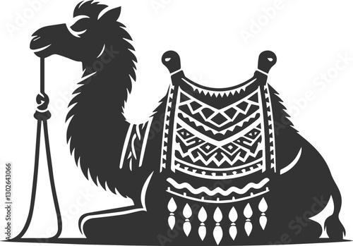 Camel carrying a woven blanket and sitting on its knees animal vector silhouette