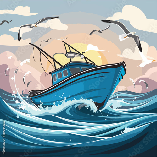 Vibrant illustration of a fishing boat sailing through ocean waves with seagulls flying under a colorful sunset sky. Perfect for marine-themed designs, adventure branding, travel posters, and 