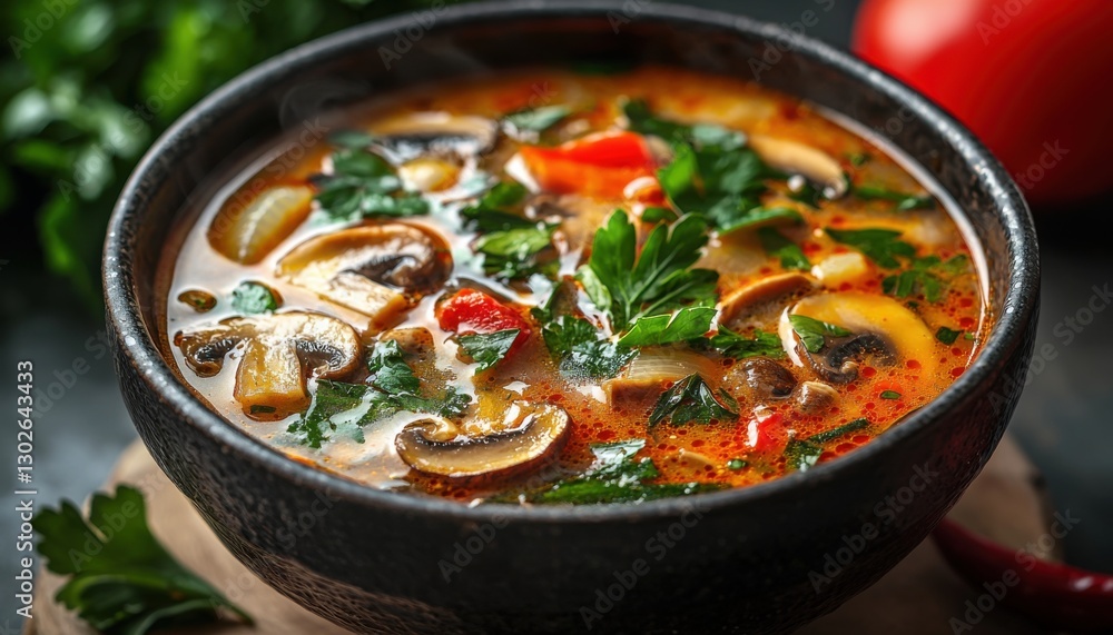 Hearty mushroom soup garnished with fresh parsley served in a rustic bowl on a wooden surface Hearty mushroom soup garnished with fresh parsley served in a rustic bowl on a wooden surface