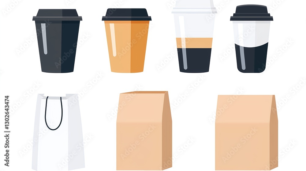 Variety of Coffee Cups and Takeaway Packaging for Beverage Service Variety of Coffee Cups and Takeaway Packaging for Beverage Service