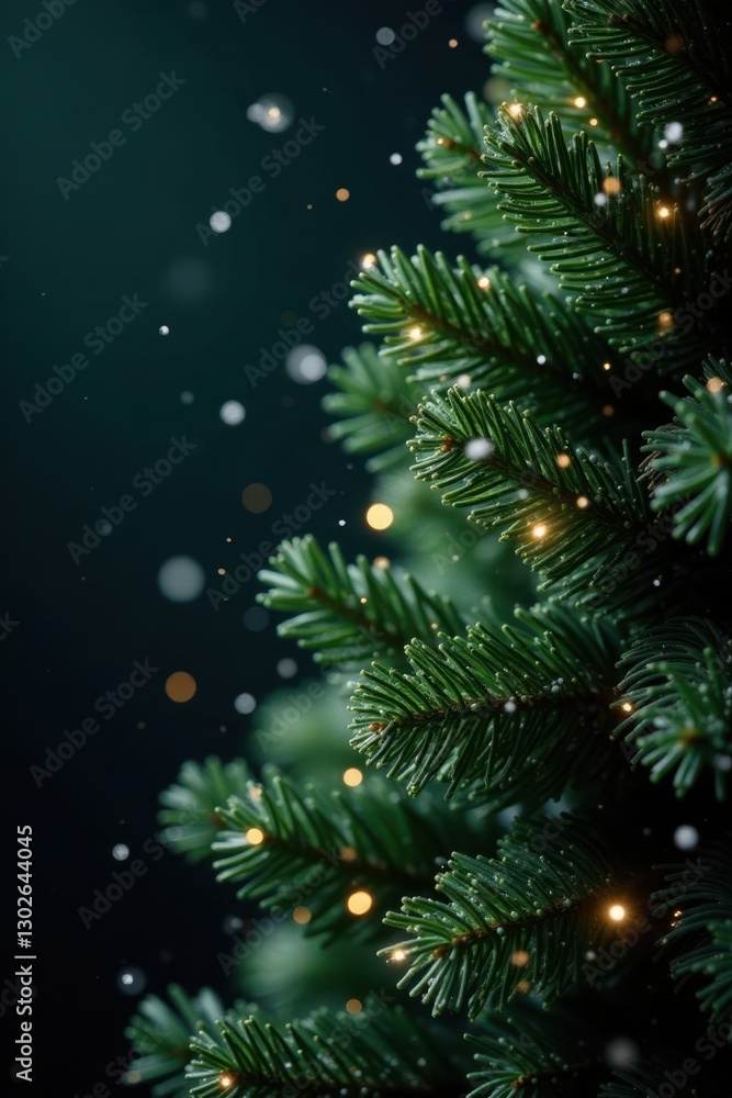 Sparkling snowflakes fall gently on a dark green Christmas tree, christmas tree, holiday Sparkling snowflakes fall gently on a dark green Christmas tree, christmas tree, holiday
