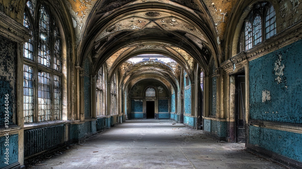 Obraz premium A deserted corridor in a historic building, with arched ceilings and intricate detailing.