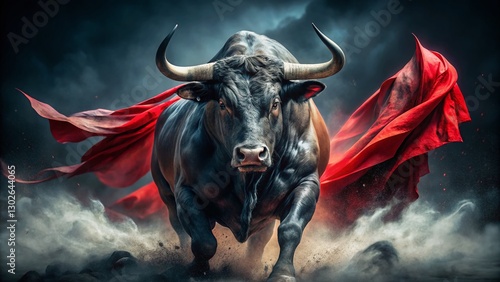 Furious Bull Double Exposure, Red Rag, Spanish Bullfight, Fighting Animal, Aggressive Taurus