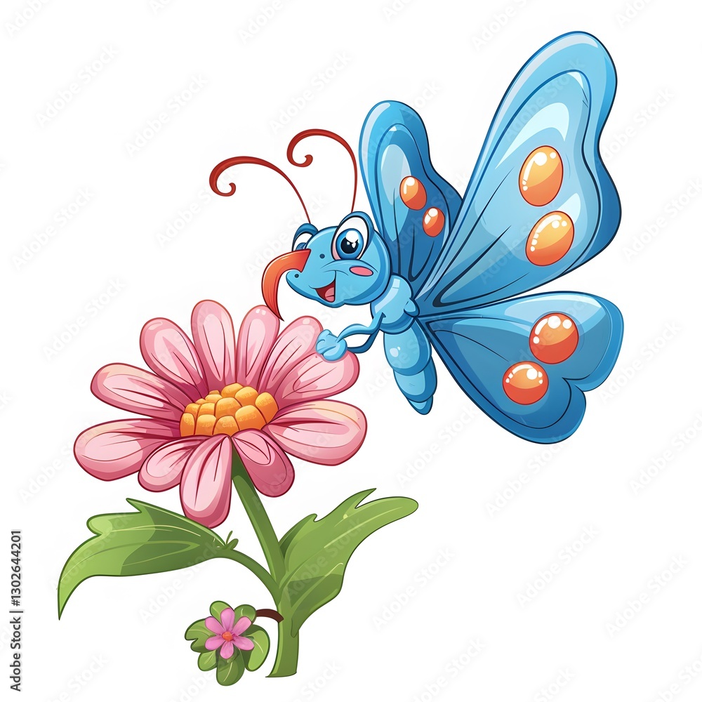 Obraz premium Happy Cartoon Butterfly Landing on Vibrant Pink Flower