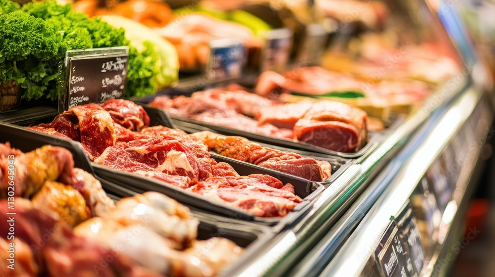 Obraz premium Fresh Cuts of Meat Displayed in a Grocery Store or Butcher Shop Case