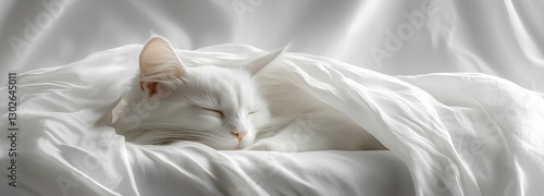 A cute white cat sleeping under white sheets, snuggled up in bed with its head peeking out from the blanket, creating an adorable and peaceful scene