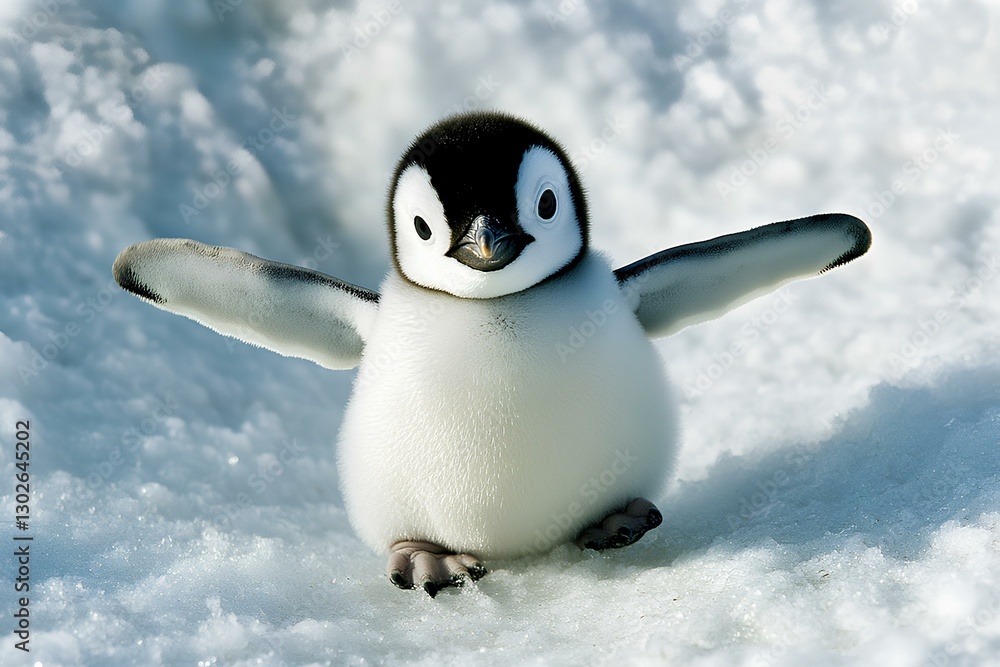 A baby penguin sliding on its belly down a steep slope, flapping its tiny wings with excitement.