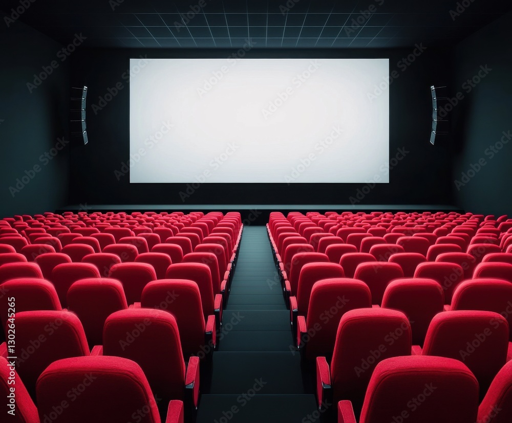 Obraz premium Rows of empty red seats facing a large blank screen in a darkened cinema awaiting the start of a new film